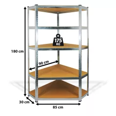  Fémpolc állvány - sarok - 5 szintes - fém - max. 175 kg - 180 x 90 x 30 cm