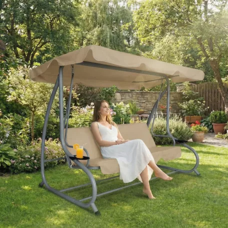 Garden Line Relax Kerti hintaágy 4 személyes - 200 x 120 x 164 cm - sötét bézs - pohártartóval 11493A