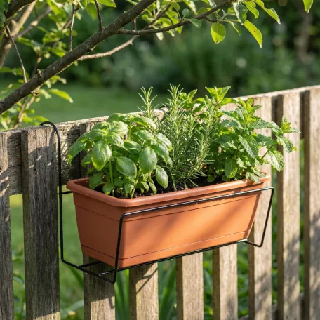 Virágosláda tartó - fém, fekete - korlátra - 40 x 22 cm