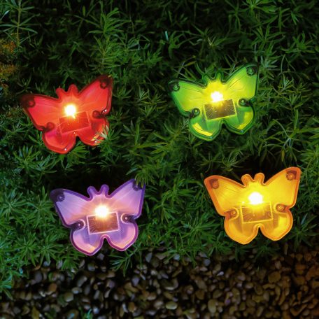 Leszúrható LED szolár - pillangók - színes - fekete - műanyag - 9 x 9 x 8,5 cm