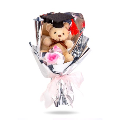 Műnövény dekoráció - rózsa, macival - 14 x 10,5 x 26 cm