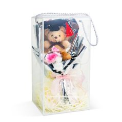   Műnövény dekoráció - rózsa, macival - 14 x 10,5 x 26 cm