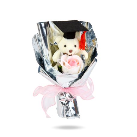 Műnövény dekoráció - rózsa, macival - 14 x 10,5 x 26 cm