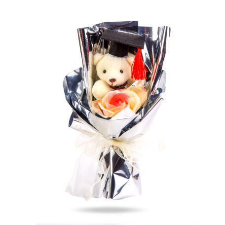 Műnövény dekoráció - rózsa, macival - 14 x 10,5 x 26 cm