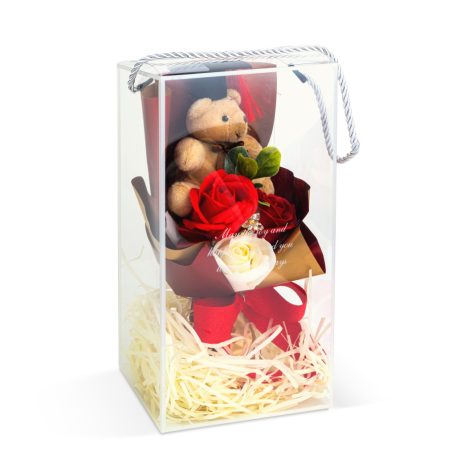 Műnövény dekoráció - rózsa, macival - 14 x 10,5 x 26 cm