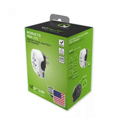 Q2POWER 1.100150 utazóadapter, World to USA USB, indulási ország: AUS/CHINA, IT, UK, CH, BRAZIL, USA, EURO, célország: USA, USB port