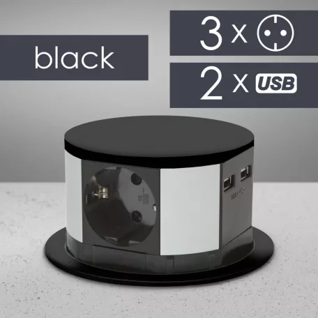 Elosztó - rejtett, 3-as + 2 x USB-A + Type-C  - USB "PowerDelivery" - fekete