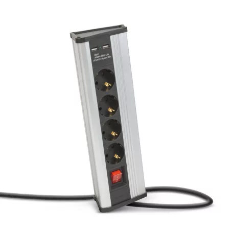 Sarokelosztó - kapcsolós - 4 x 250V, 16A - 2 x USB, 2.1A - alumínium ház
