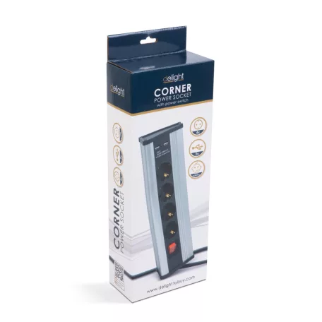 Sarokelosztó - kapcsolós - 4 x 250V, 16A - 2 x USB, 2.1A - alumínium ház