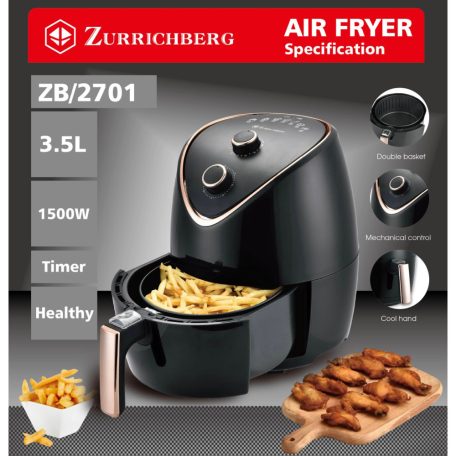 Zurrichberg RoseGold Professzionális Olaj nélküli Fritőz 3,5L 1500W ZBP/2702 (ZBP/2701) fritőz, forrólevegős sütő olaj nélküli sütő fekete