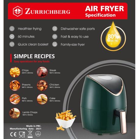 Zurrichberg RoseGold Professzionális Digitális Olaj nélküli Fritőz 3,5L 1500W ZBP/2703 (ZBP/2704) digitális fritőz, forrólevegős sütő olaj nélküli sütő zöld