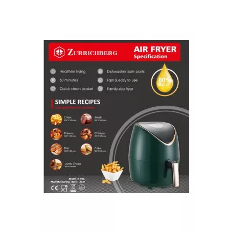 Zurrichberg RoseGold Professzionális Digitális Olaj nélküli Fritőz 3,5L 1500W ZBP/2703 (ZBP/2704) digitális fritőz, forrólevegős sütő olaj nélküli sütő zöld