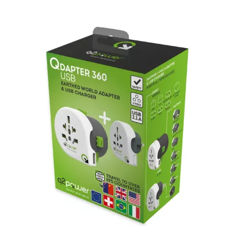 Q2POWER 2.100130 utazóadapter, Qdapter 360 USB, két készülék a szettben: Qdapter (USB aljzattal) és World to Europe