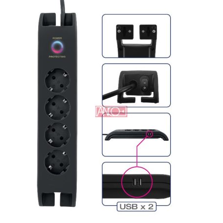 Asztali elosztó 4-es+2xUSB-A, túlfesz.