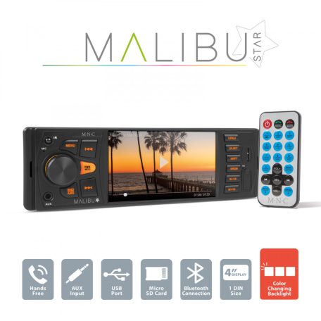 M.N.C Bluetooth autóhifi fejegység, AUX, USB, autórádió és mp3 lejátszó, BT-FM-USB-SD-AUX, Multimédiás fejegység "Malibu Star" - 1 DIN - 4 x 50 W 