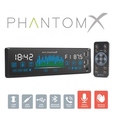 M.N.C Bluetooth autóhifi fejegység, AUX, USB, SD, autórádió és mp3 lejátszó, BT-FM-USB-AUX, LED "PhantomX" - 1 DIN - 4 x 50 W - gesztusverzélés - MP3