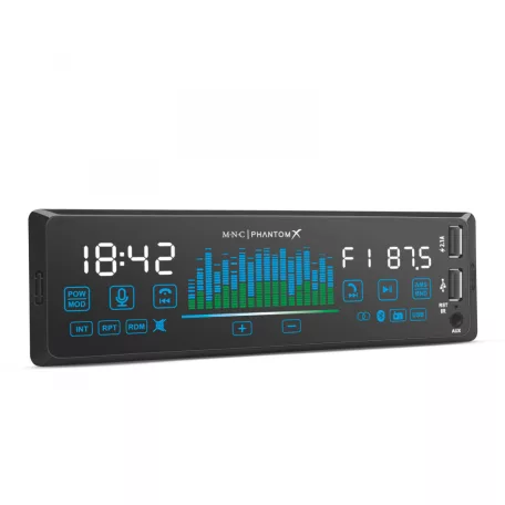 M.N.C Bluetooth autóhifi fejegység, AUX, USB, SD, autórádió és mp3 lejátszó, BT-FM-USB-AUX, LED "PhantomX" - 1 DIN - 4 x 50 W - gesztusverzélés - MP3
