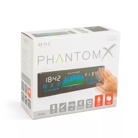M.N.C Bluetooth autóhifi fejegység, AUX, USB, SD, autórádió és mp3 lejátszó, BT-FM-USB-AUX, LED "PhantomX" - 1 DIN - 4 x 50 W - gesztusverzélés - MP3