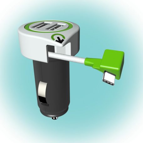 Q2 POWER 3.100130 autós USB töltő, 2 USB aljzat, 1 kihúzható USB type C csatlakozó, 3.1 A megosztott
