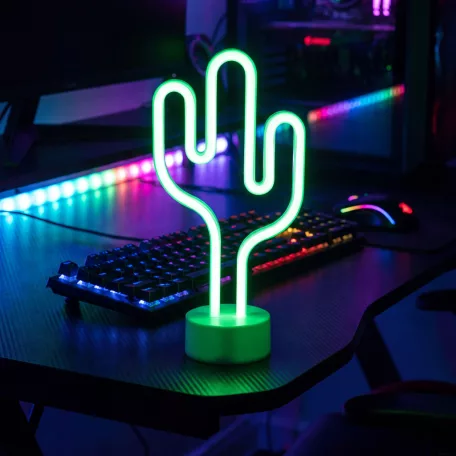 Neon LED lámpa - zöld kaktusz - 3 x AA + USB - 18,5 x 8,5 x 28 cm