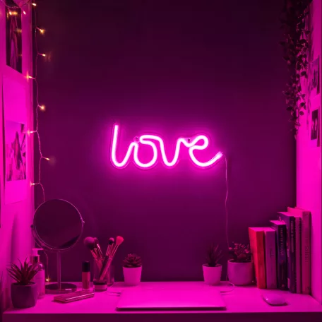 Neon LED lámpa - rózsaszín "Love" - 3 x AA + USB - 34 x 1.6 x 12,5 cm