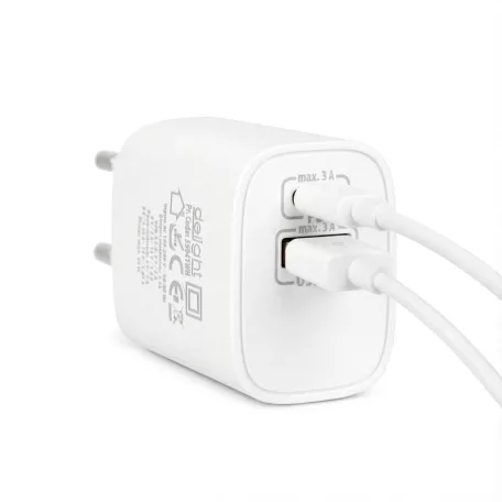 Hálózati Adapter USB + Type-C PD20W gyorstöltéssel - fehér