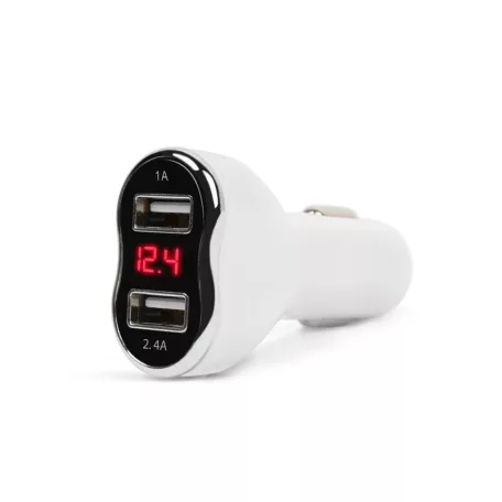 Autós szivargyújtó adapter - 2 x USB, feszültségmérővel és árammérővel - fehér