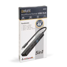   Multifunkciós USB Hub - HDMI + Type-C 3.0 - 3xUSB-A, 1xType-C - 5 Gbps, 100 W - fekete