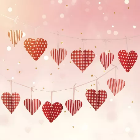 Girland - papír - piros kockás szívek - 2 m