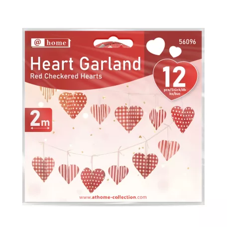 Girland - papír - piros kockás szívek - 2 m