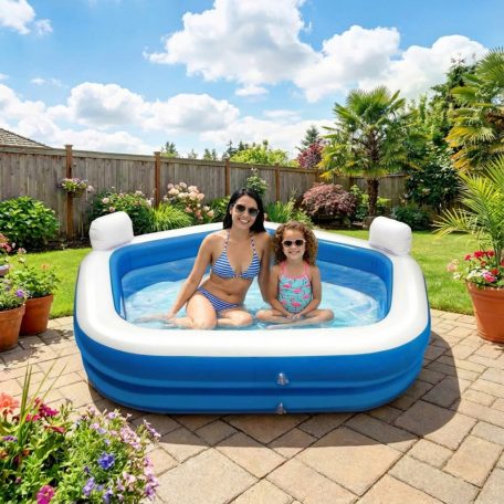 Felfújható medence fejtámlával, italtartóval – 213 x 206 x 60 cm – Fehér / Kék