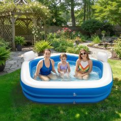   Felfújható medence fejtámlával, italtartóval – 213 x 206 x 60 cm – Fehér / Kék