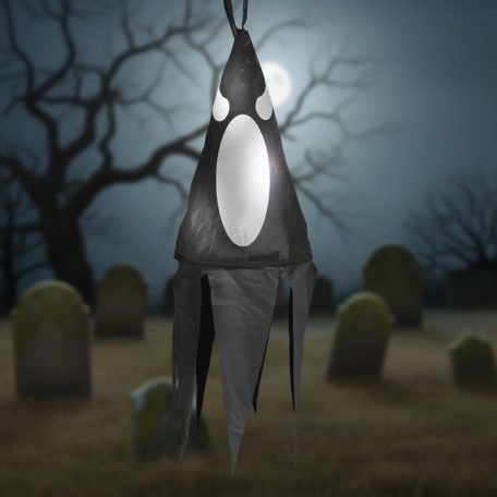 Halloween-i világító dekoráció - szellem - fekete - 10 színes LED - akasztható - 2 x 2032 - 75x20 cm