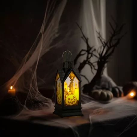Halloween-i világító dekoráció - tök - sárga LED - 17,5 x 6,3 x 6,3 cm - 3 x LR44