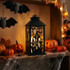   Halloween-i pislákoló lámpás - kastély - elemes - fekete - 30 x 14 cm