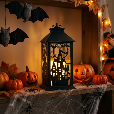 Halloween-i pislákoló lámpás - kastély - elemes - fekete - 30 x 14 cm