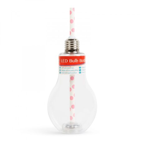 Világító LED-es party pohár - papír szívószállal  - izzókörte, átlátszó - 400 ml