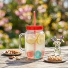 Szívószálas pohár - piros - 4 db hűthető jégkockával, 550ml,  17 x 7.5 x 13.5 cm