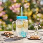 Szívószálas pohár - kék - 4 db hűthető jégkockával, 550ml,  17 x 7.5 x 13.5 cm