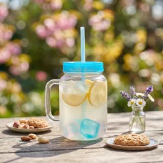   Szívószálas pohár - kék - 4 db hűthető jégkockával, 550ml,  17 x 7.5 x 13.5 cm