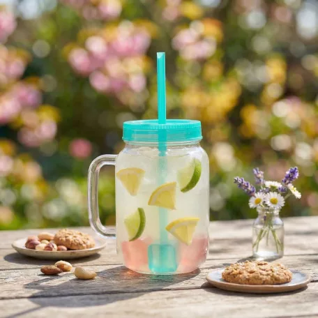 Szívószálas pohár - zöld - 4 db hűthető jégkockával, 550ml,  17 x 7.5 x 13.5 cm