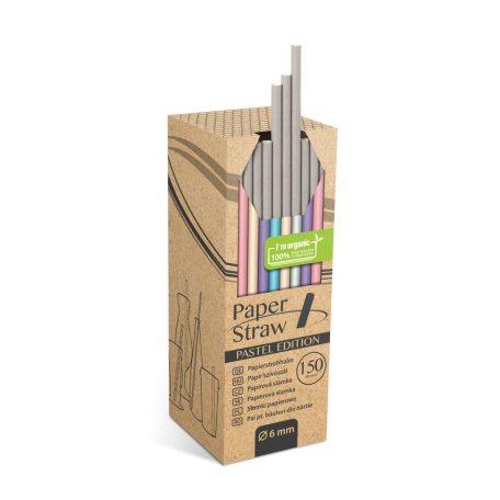 Papír szívószál - pasztel - 197 x 6 mm - 5 féle - 150 db / csomag