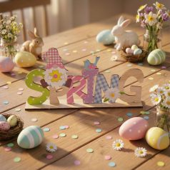 Tavaszi fekvő asztaldekoráció fából - manós 