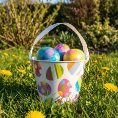   Húsvéti mintás kaspó / vödör - fém - szalagos fogantyú - Ø11,7 x 10 cm