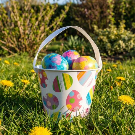 Húsvéti mintás kaspó / vödör - fém - szalagos fogantyú - Ø11,7 x 10 cm