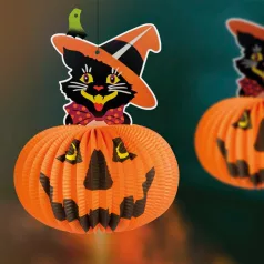   Halloween-i tökös lampion - macskával - akasztható - 26 cm