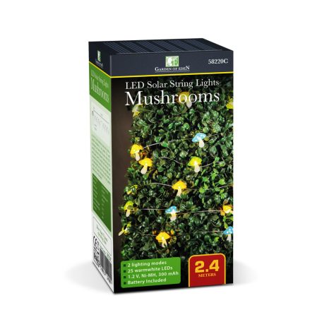 Szolár LED fényfüzér - gomba - 2,4 m - 25 LED - melegfehér