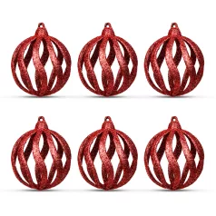   Karácsonyfadísz szett - glitteres piros gömbdísz - 7 cm - 6 db / csomag