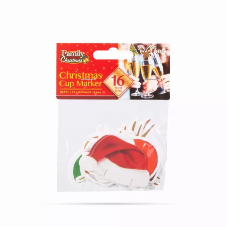 Karácsonyi pohárjelölő dekoráció - 8 féle - 16 db / csomag
