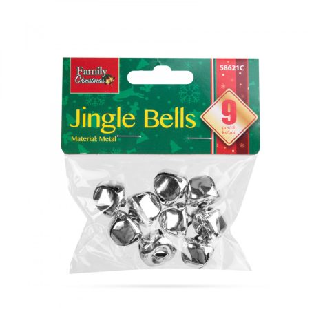 Karácsonyi dísz - akasztható, csilingelő - fém, 20 mm - ezüst - 9 db / csomag